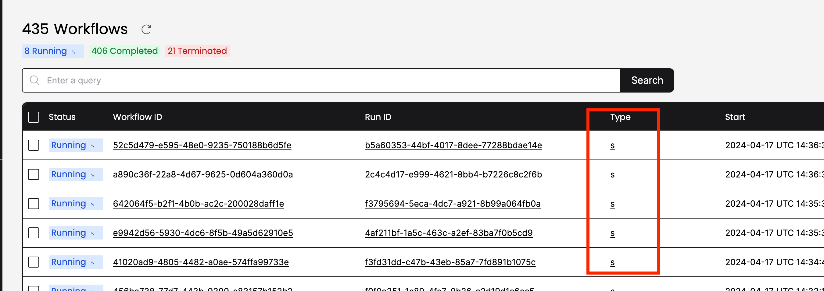 Temporal Web UI showing stripped Workflow &quot;Type&quot; entries, in this case the single letter &#39;s&#39;